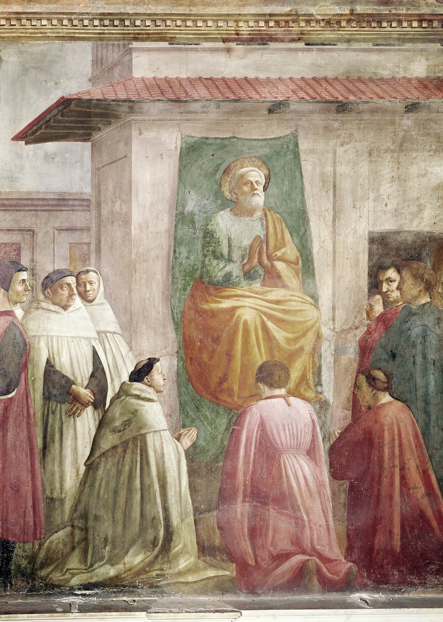 Szent Péter a trónon, Theophilus fiának feltámadásából, és Szent Péter, mint Antiókhia első püspöke, 1427 körül és 1484-1485 körül (63302. részlet) alkotó: Tommaso Masaccio
