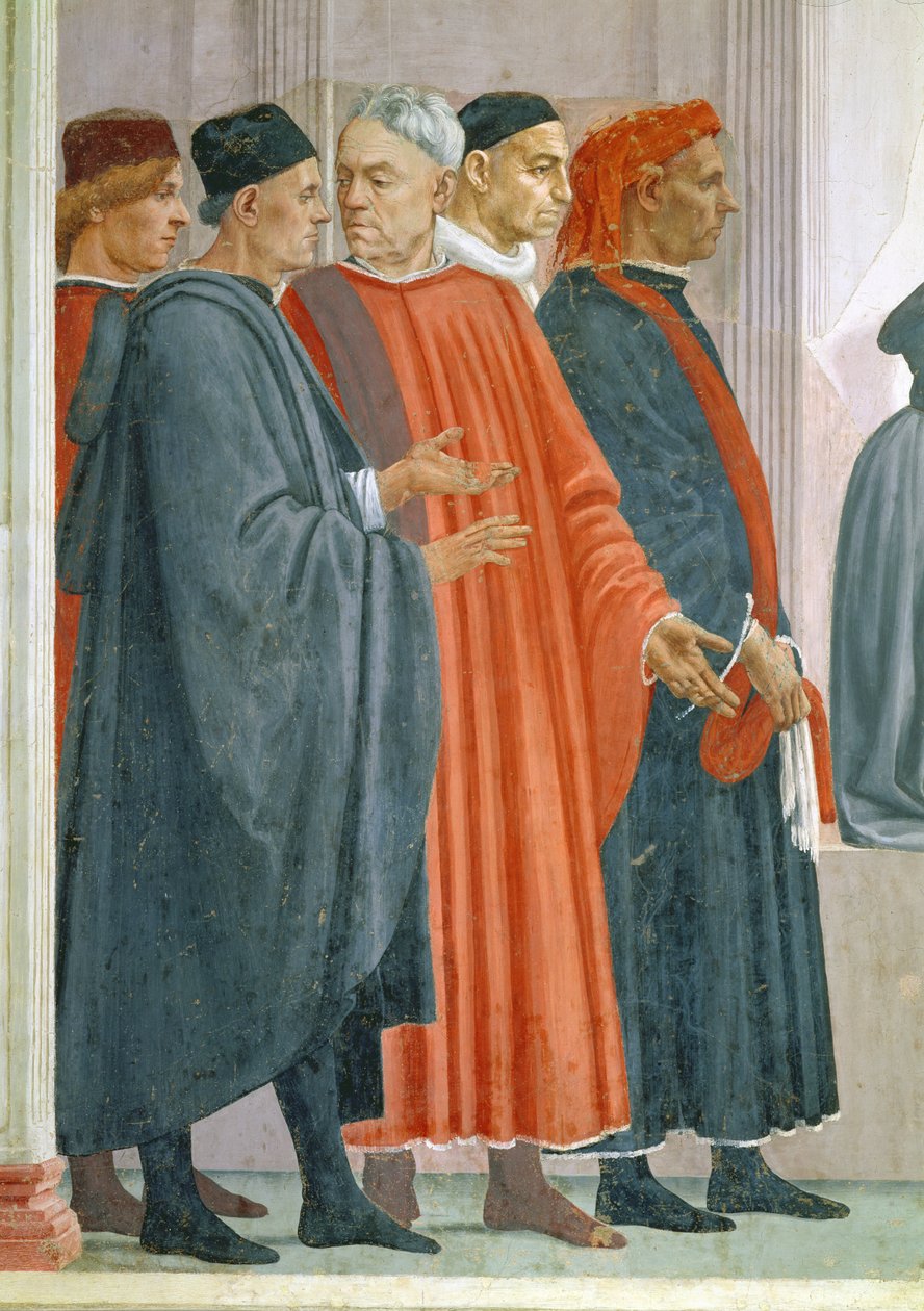 Theophilus fiának felnevelése, Antiochia királya, részlet a méltóságokról az Antiochiai király udvarában, 1480 körül freskó lásd még 63302 alkotó: Tommaso Masaccio
