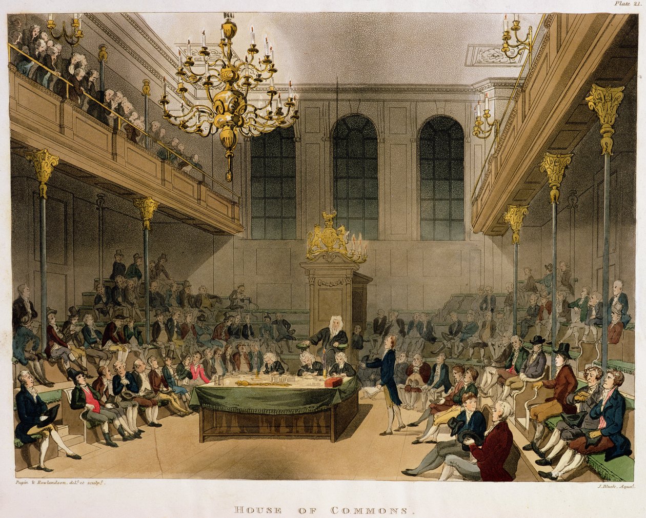 House of Commons Interior, Ackermann „London mikrokozmoszából” alkotó: T. and Pugin A.C. Rowlandson