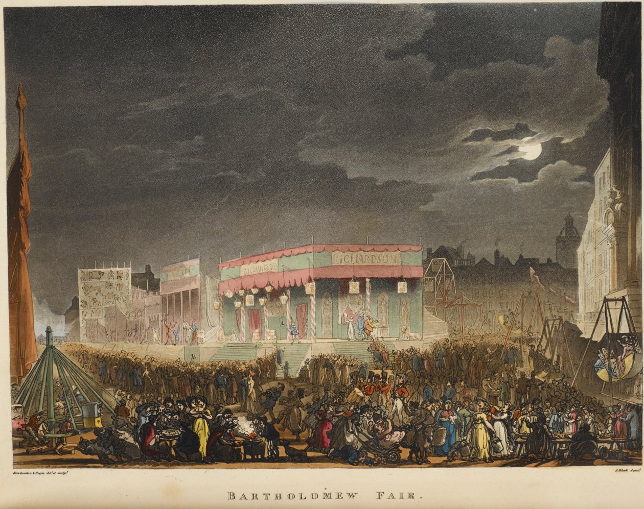 Bartholomew vásár. Először 1813-ban rendezték meg, ez egy éves esemény volt, minden augusztusban Smithfield közelében, és London leghosszabb ideig működő utcaszínháza volt. alkotó: T. & Pugin A.C. (1762 1832) (after) Rowlandson