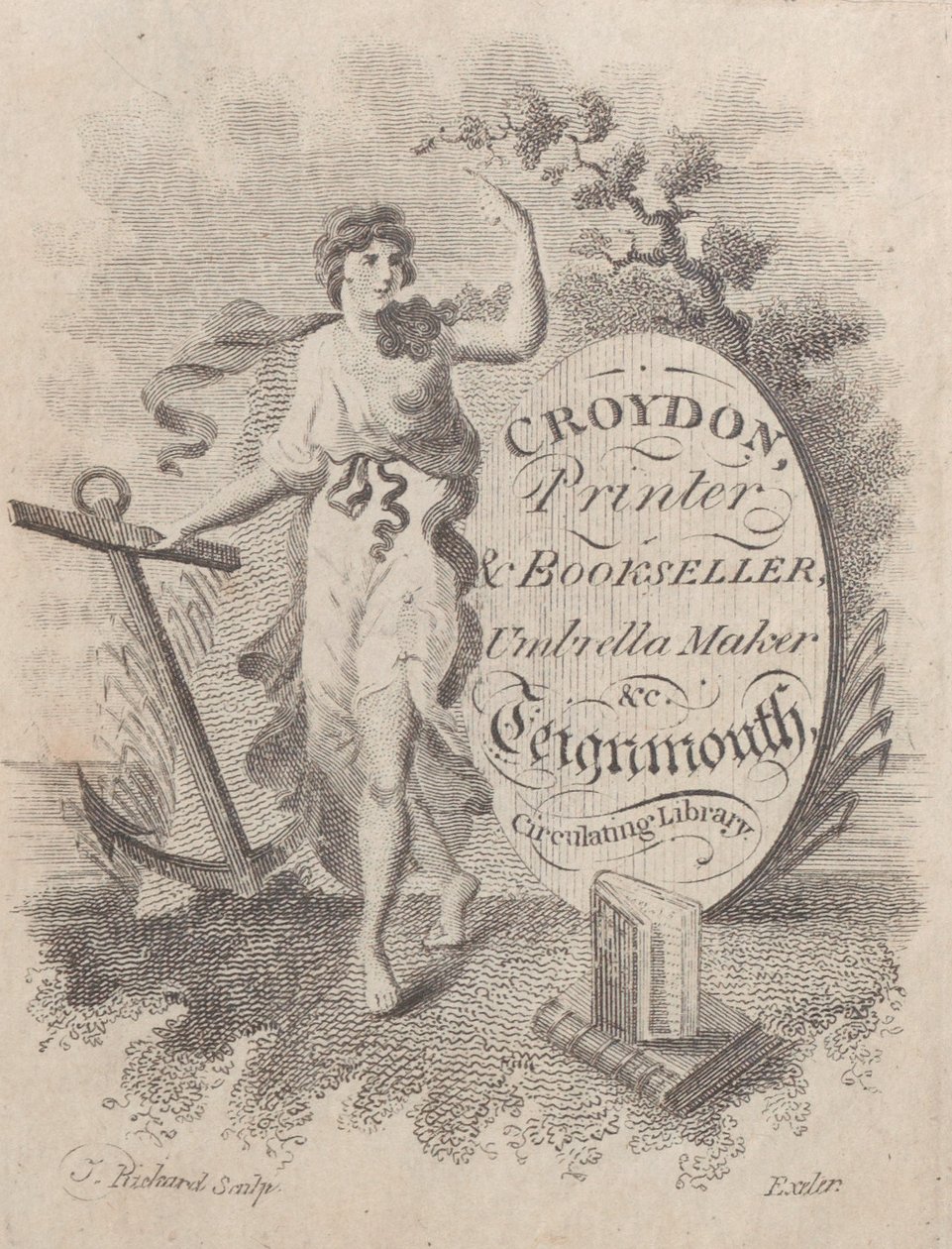 Kereskedelmi kártya Croydon, nyomda, könyvkereskedő és esernyőkészítő számára, 19. század, 19. század. alkotó: T. Rickard