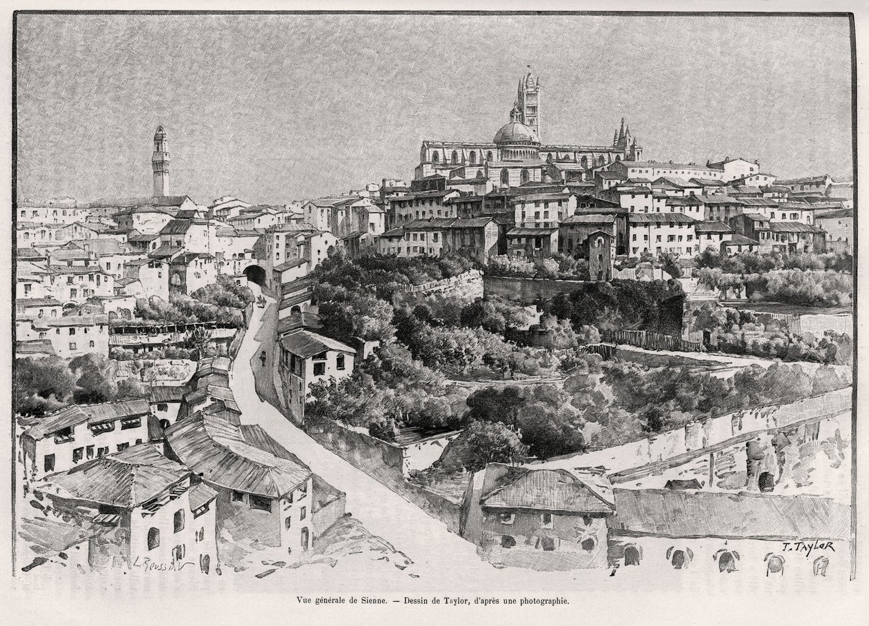 Siena (Olaszország) általános képe. Taylor metszete Eugene Muntz (1845-1902) „A travers la Toscane” című történetének illusztrálására, a Le tour du Monde 1892-ben, rendezte Edouard Charton (1807-1891), Hachette, Párizs. alkotó: T Taylor