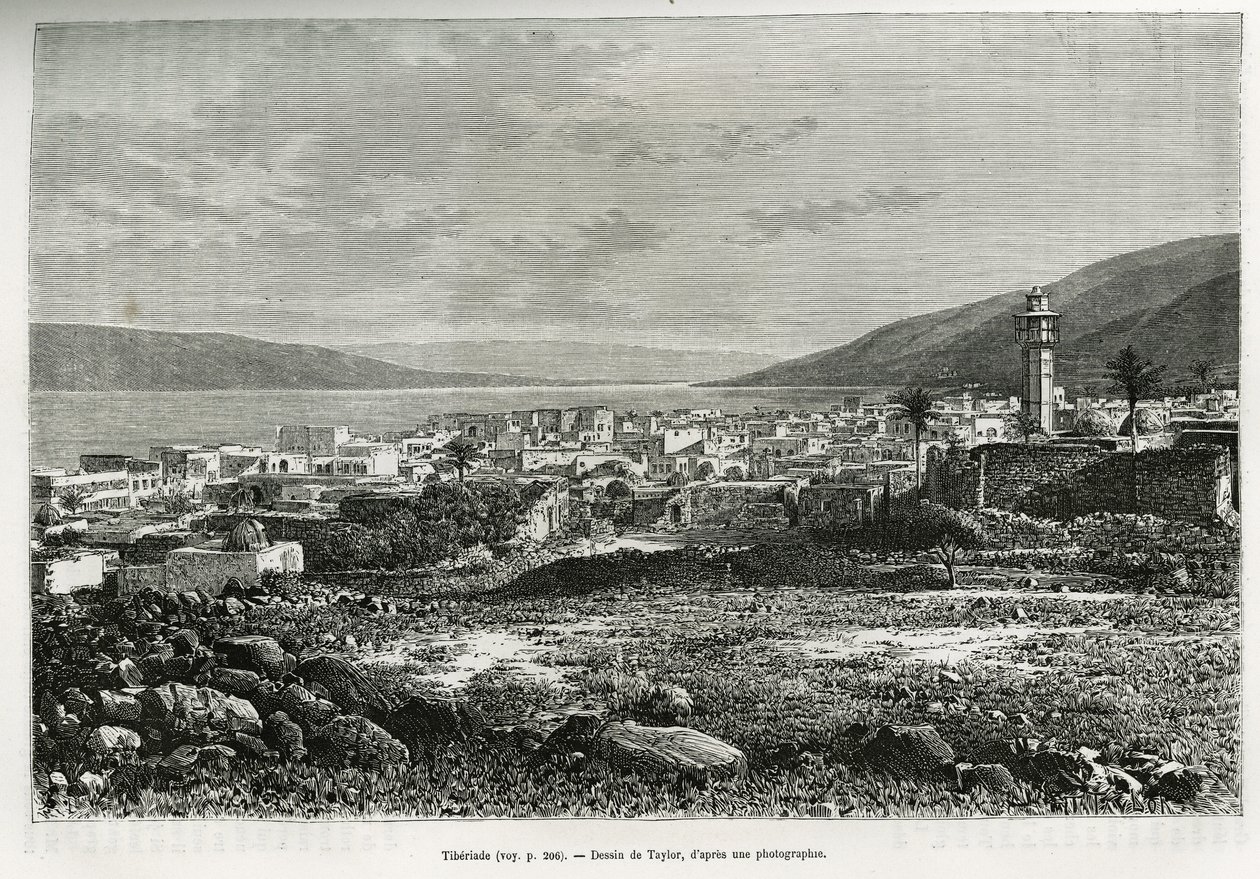 Tiberiade (Izrael) általános képe. Taylor metszete a mai Szíria történetének illusztrálására, M. Lortet, a Lyoni Orvostudományi Kar dékánja által, akit a Közoktatási Minisztérium tudományos küldetéssel megbízott, a Tour du monde-ban megjelent. alkotó: T Taylor