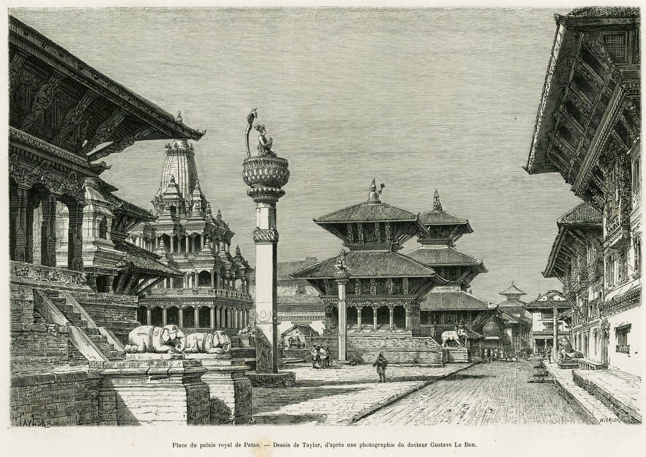 A Patan királyi palota helye (jelen Lalitpur). Taylor metszete az Utazás a nepáliban című történet illusztrálására, Dr. Gustave Le Bon (1841-1931), in le tour du monde 1886, rendező: Edouard Charton (1807-1890), Hachette, Párizs. alkotó: T Taylor