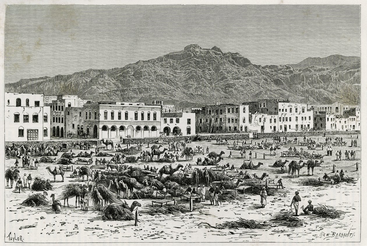 Áden (Jemen) menete. Taylor metszet, a „” Utazás Benadirba, Szomáliba és Bayounba” című történet illusztrálására, 1882-1883, M.G.Revoil. Megjelent a Le Tour du monde, nouveau Journal des voyages folyóiratban alkotó: T Taylor