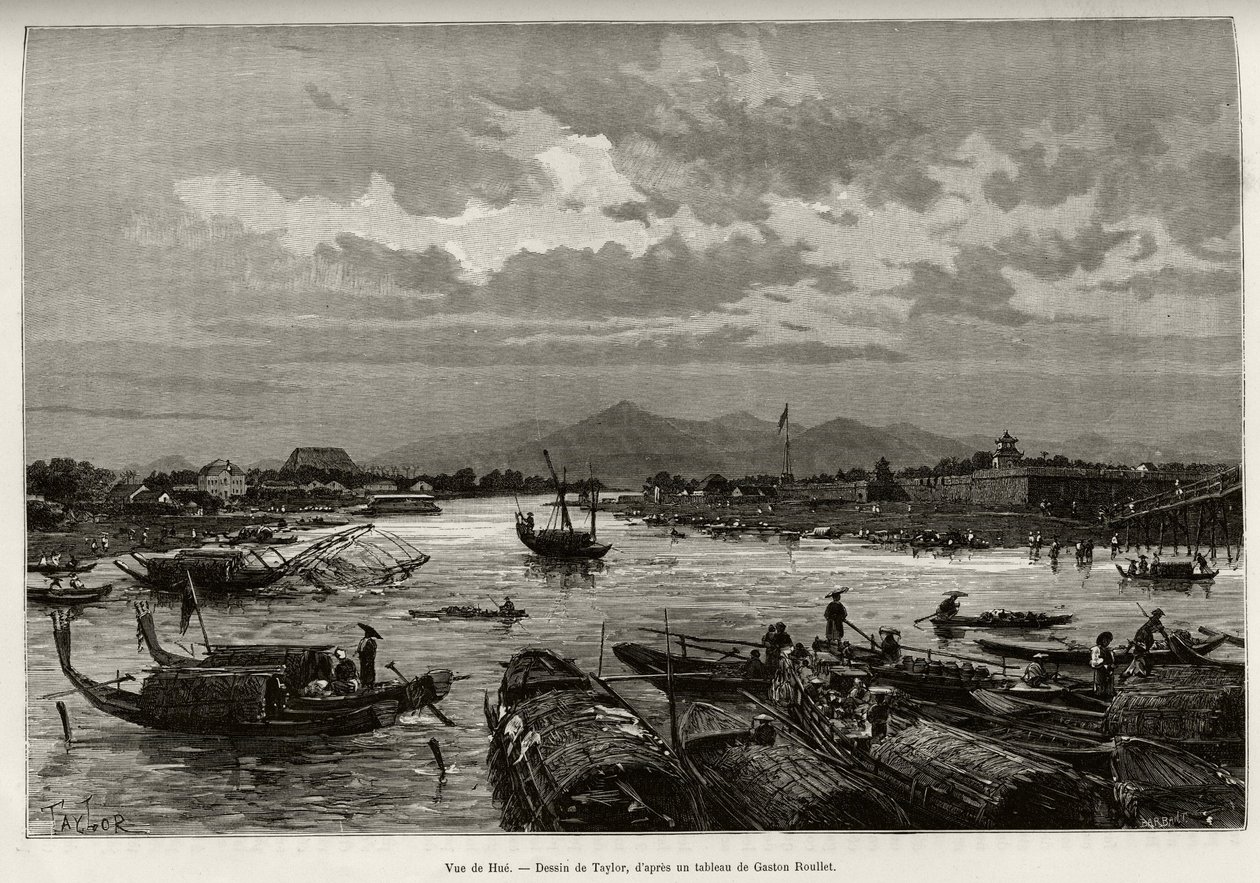 Kilátás Hue-ra (Vietnam), a Song Huong folyón történő navigáció leírásával és a Thien Mu pagodával, a falak mögött. Taylor metszete Dr. Charles Edouard Hocquard (1853-1911) „Trente mois au Tonkin” című történetének illusztrálására, 1885-ben, alkotó: T Taylor