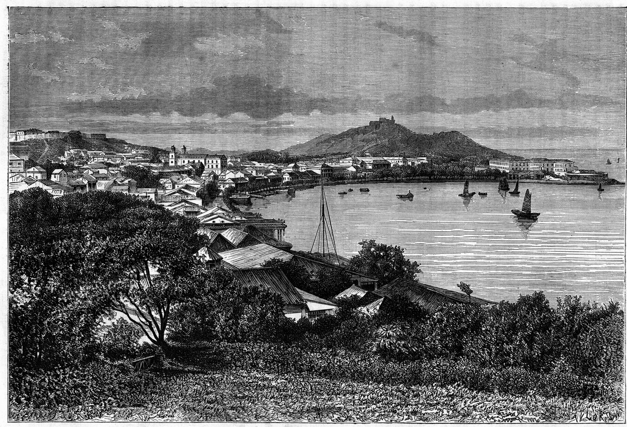 Kilátás a Makaó-öbölre. Metszet Taylor rajza után, a „Le Tour du Monde, Nouveau Journal des Voyages”-ben, szerkesztette Edouard Charton, Párizs alkotó: T Taylor