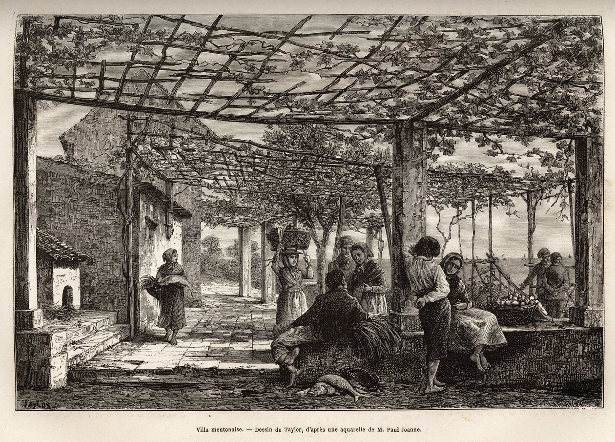 Villa Menton, Taylor rajza nyomán, Menton és Bordhighera utazását illusztráló metszet, 1871-ben, Adolphe Joanne, megjelent a „Le tour du monde” 1874-ben, szerkesztette Edouard Charton, Hachette kiadás, Párizs. Selva kollekció. alkotó: T Taylor
