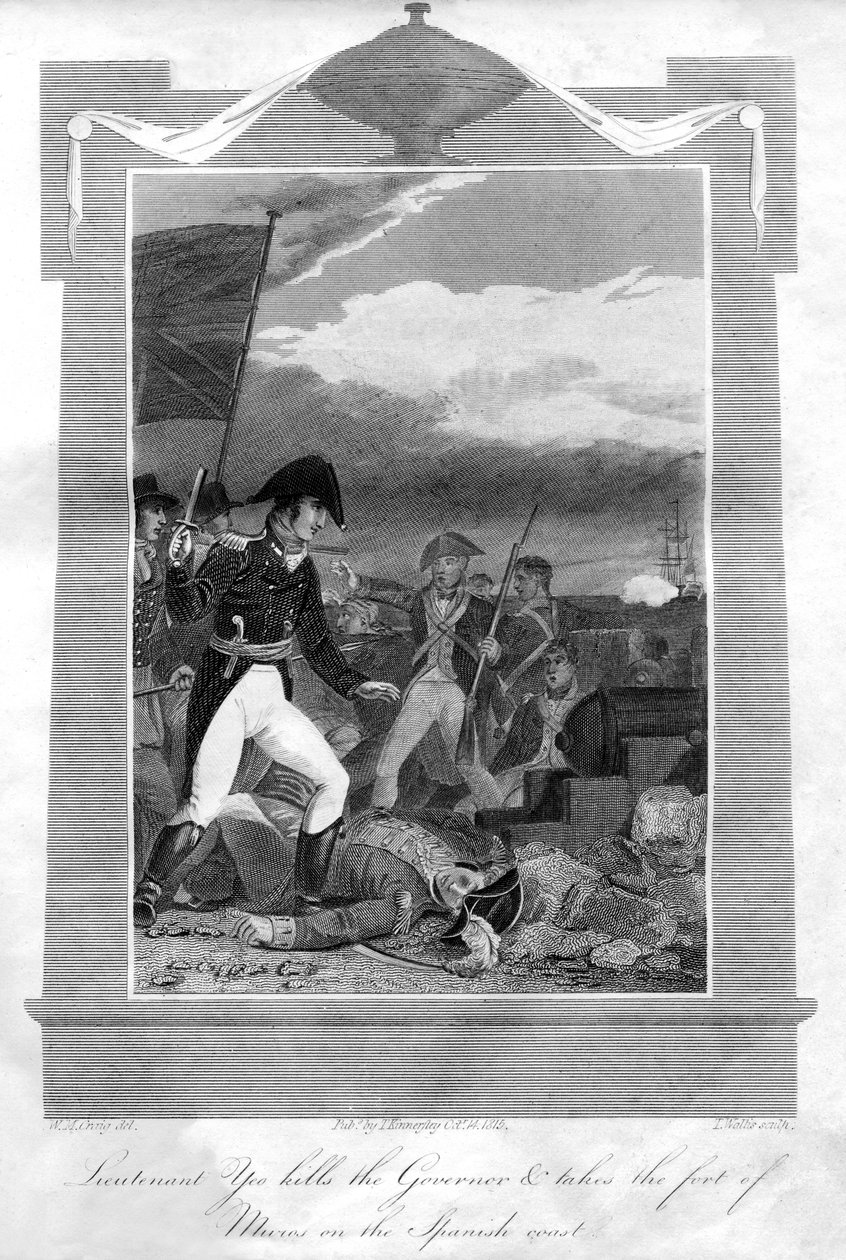 Yeo hadnagy megöli a kormányzót, és elfoglalja Muros erődjét a spanyol tengerparton, 1816 alkotó: T. Wallis