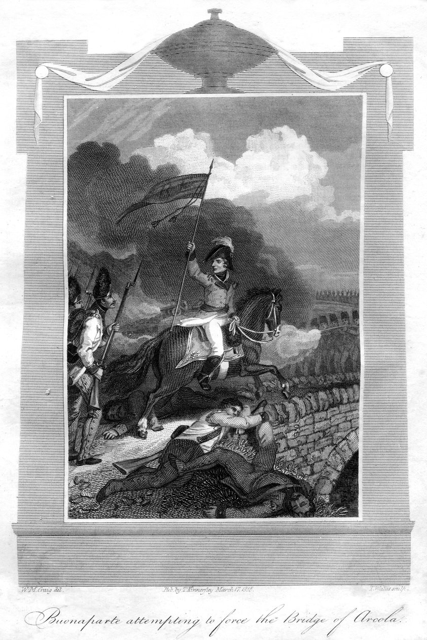 Bonaparte Napóleon megkísérli erőszakkal felvenni az arcolai hidat, 1816. alkotó: T. Wallis