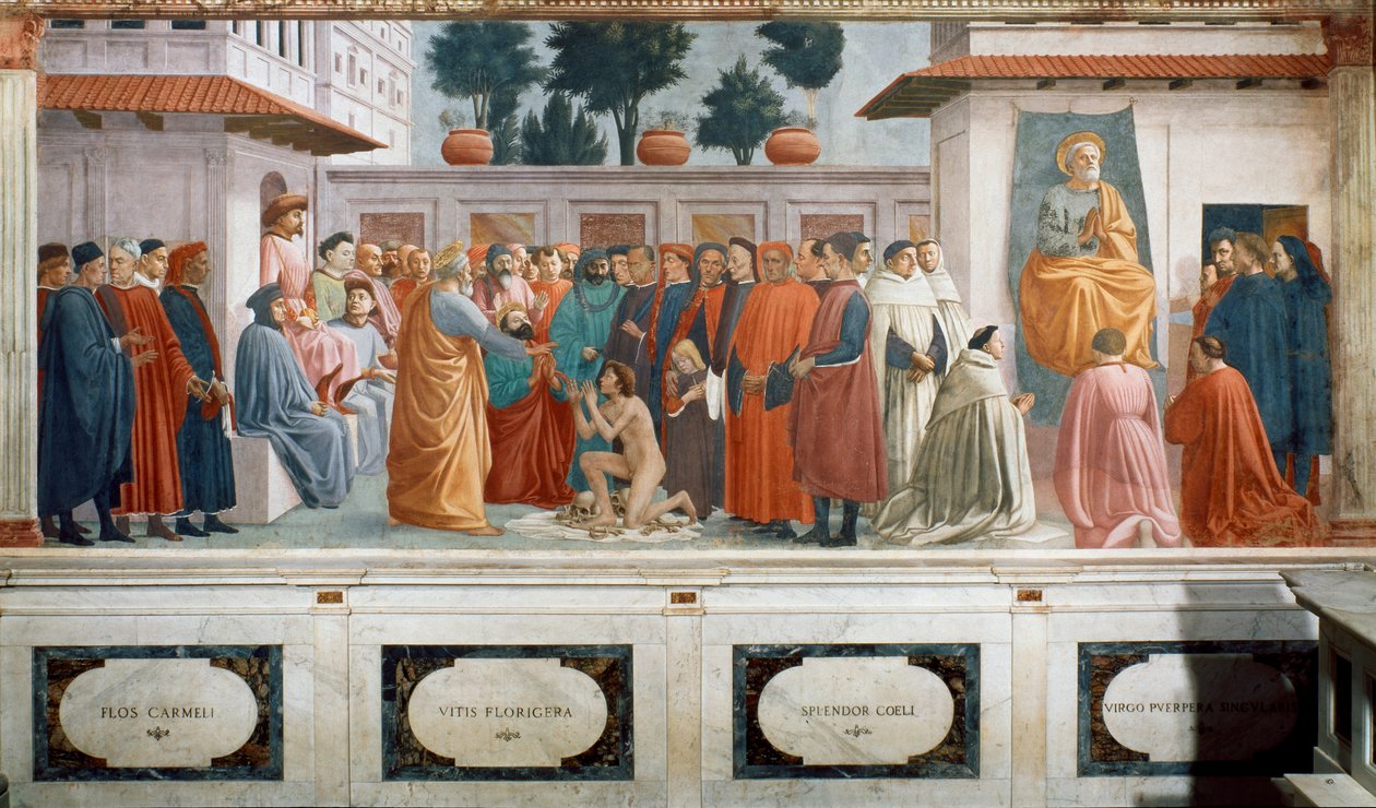 Theophilus fiának, Antiochia királyának feltámasztása és Antiochia első püspökeként trónoló Szent Péter, 1427 és 1480 körül (freskó) alkotó: T. Masaccio, F. Lippi