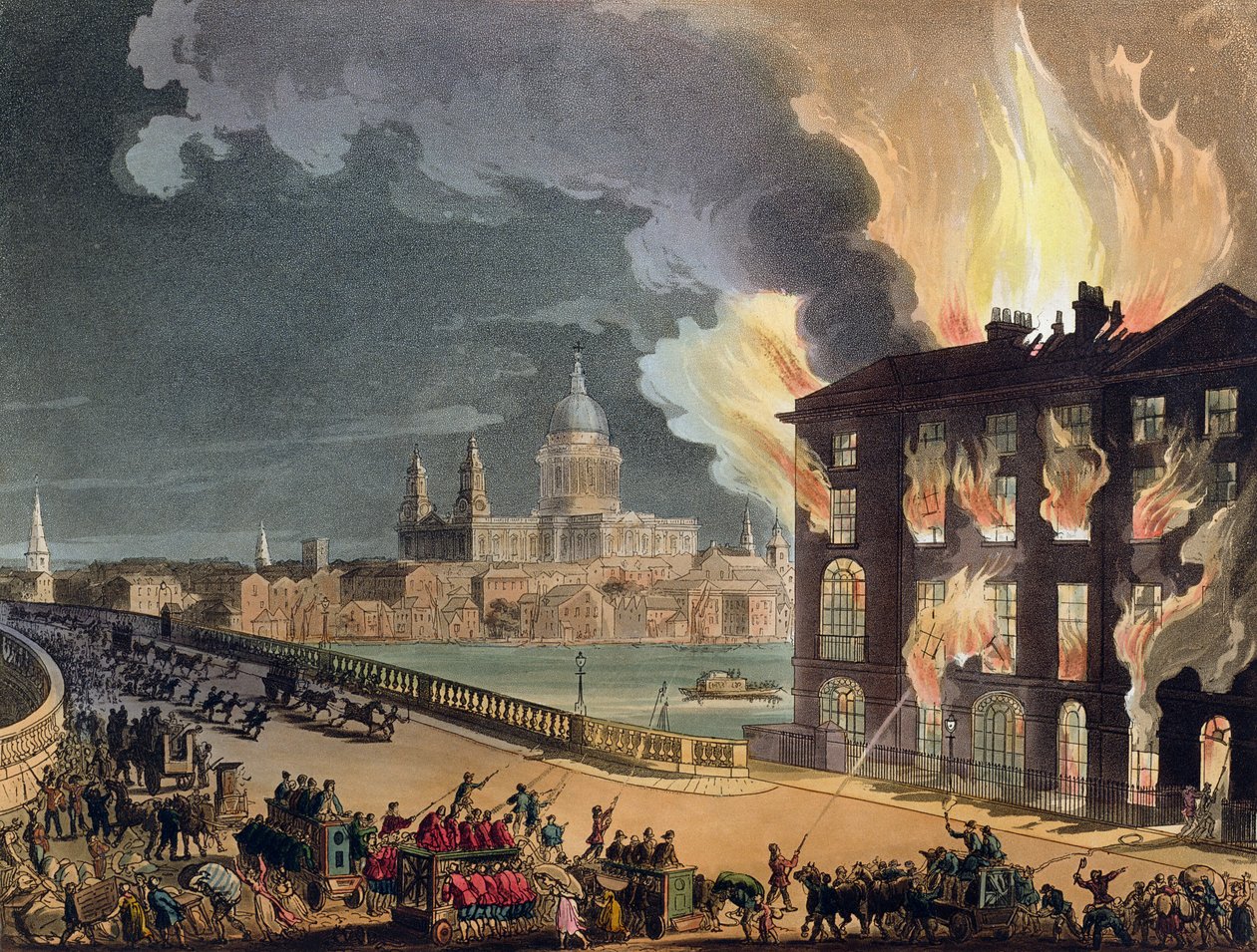 Tűz az Albion malomban, a Blackfriars hídon, Ackermann „London mikrokozmosza” című művéből, 1808-11 (akvatinta) alkotó: T. and Pugin A.C. Rowlandson