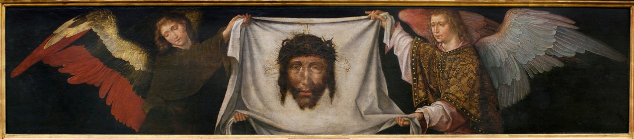 Szent Lepelt vivő angyalok - Festmény Frere Carlos (1517-1544 között tevékenykedő flamand festő) műhelyéből, olaj, fa, kb 1520-1530 (Szent arcú angyalok, Carlos fráter műhelye, olajtábla, kb. 1520-1530) – Musee d