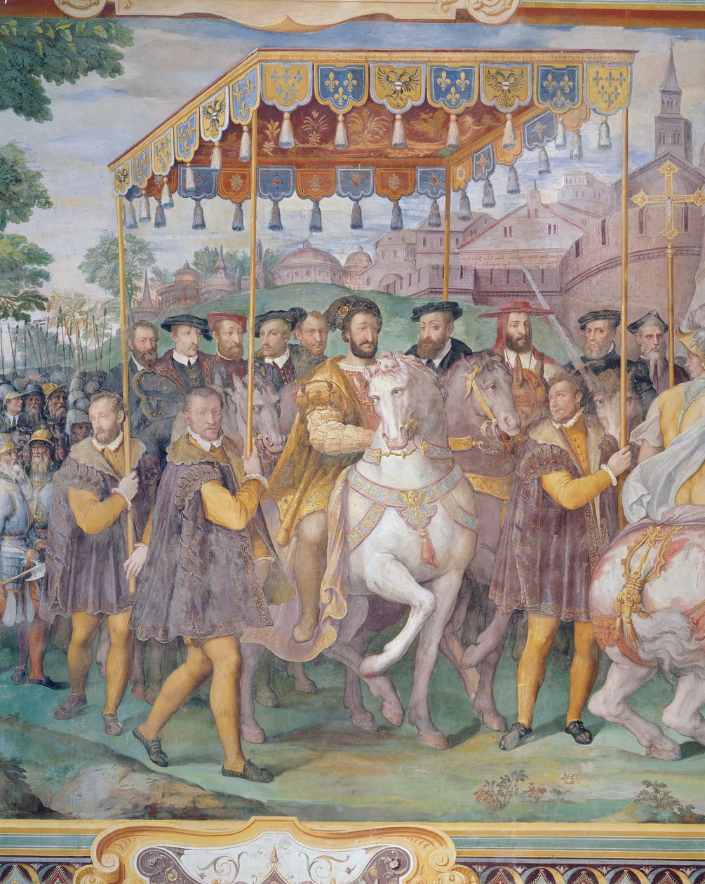 V. Károly császár, I. Ferenc és Alessandro Farnese ünnepélyes beléptetése Párizsba 1540-ben a „Sala dei Fasti Farnese”-ból, 1557-66 alkotó: Federico Zuccaro