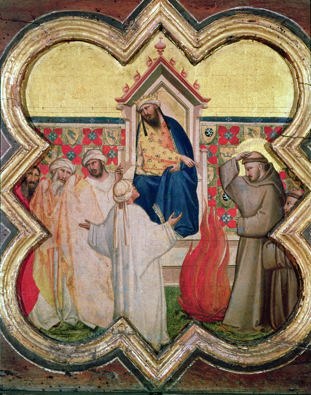 A tűzpróba, Szent Ferenc felajánlja, hogy átmegy a tűzön, hogy megtérítse Egyiptom szultánját 1219-ben, alkotó: Taddeo Gaddi
