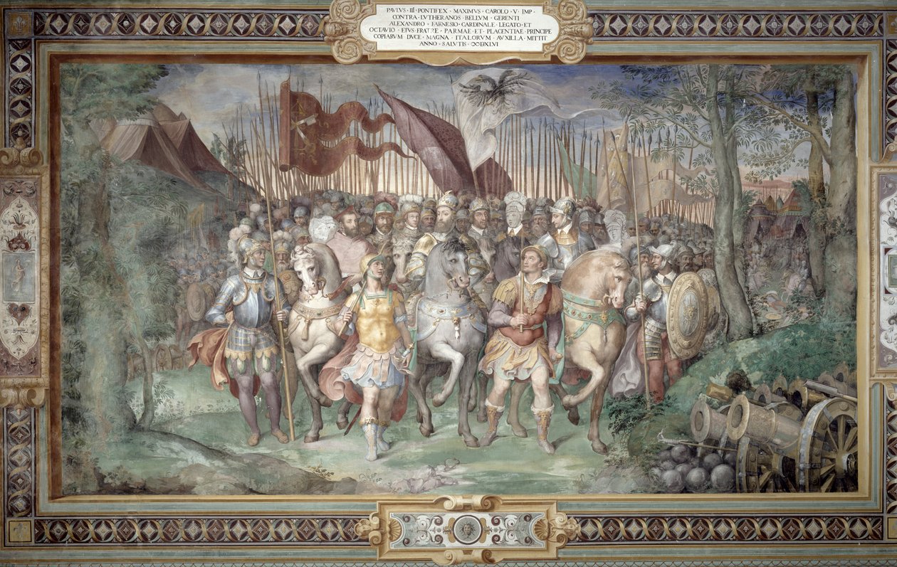 V. Károly (1500-58) Alessandro (1546-92) és Ottaviano Farnese a hadsereg élén Phillip Hesse földgrófja ellen 1546-ban a „Sala dei Fasti Farnese”-ból (Farnese tündöklésének terme) alkotó: Taddeo Zuccari
