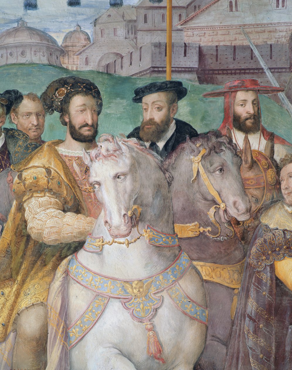 Részlet V. Károly császár, I. Ferenc és Alessandro Farnese ünnepélyes bevonulása Párizsba 1540-ben, a Sala dei Fasti Farnese teremből, 1557-66. alkotó: Taddeo Zuccari