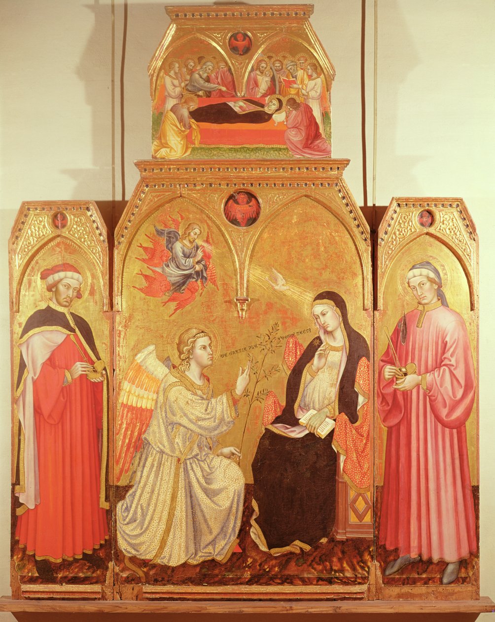 Az Annunciáció Szent Kozmással és Szent Damjánnal, 1409 (aranyozott levél és tempera, tábla) alkotó: Taddeo di Bartolo