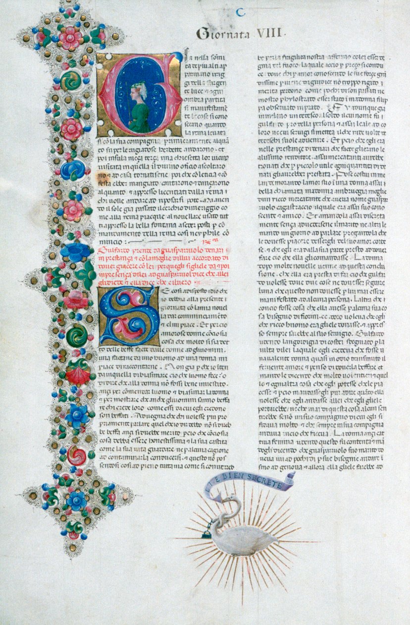 Megvilágított kéziratos oldal Decamerontól, Giovanni Boccaccio, olasz, c1467. alkotó: Taddeo Crivelli