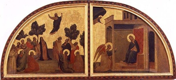 Mennybemenetel és Angyali üdvözlet, lunette (tempera a panelen) alkotó: Taddeo Gaddi