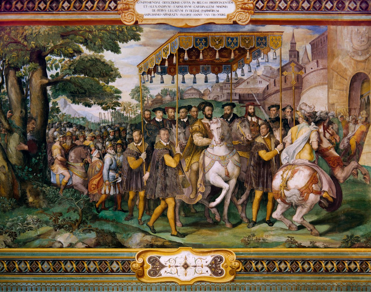 I. Ferenc köszönti V. Károlyt és Alessio Farnese bíborost Párizsban, Taddeo Zuccari (1529-1566), Palazzo Farnese, Caprarola, Olaszország alkotó: Taddeo Zuccari