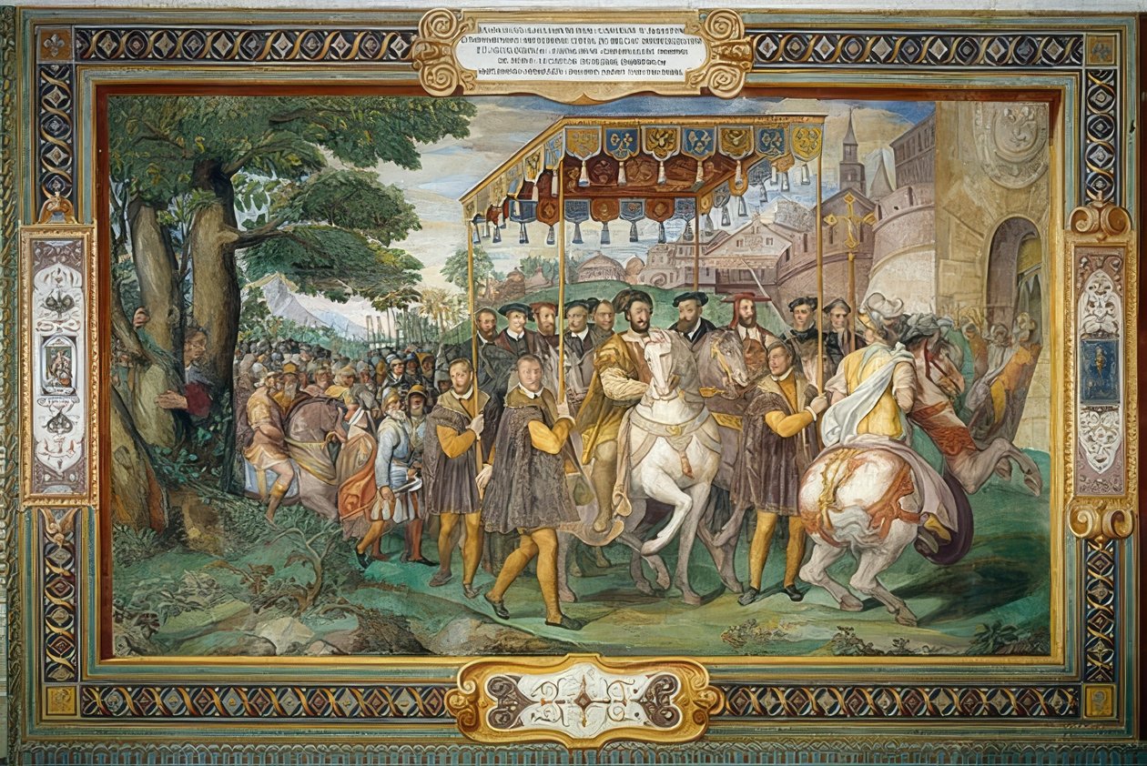 I. Ferenc király 1540-ben Párizsban fogadja V. Károlyt és Alessandro Farnese bíborost. 1559 alkotó: Taddeo Zuccari