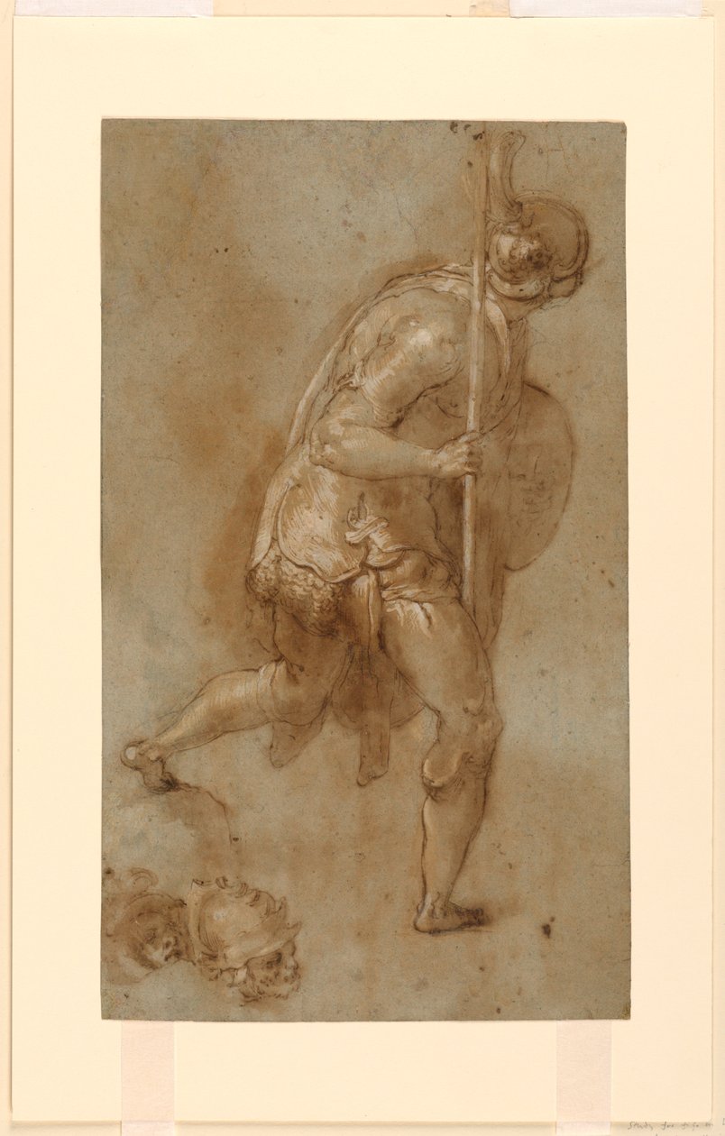Soldier Running: Tanulmány a bal előtérben lévő alakhoz, "Krisztus árulása", Róma, S. Maria della Consolazione, Matttei-kápolna; Külön tanulmányok két fejről alkotó: Taddeo Zuccaro