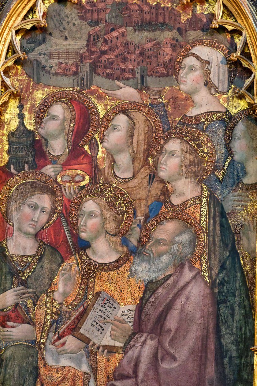 Különböző szentek imádják a Madonnát, Nagyboldogasszony triptichonja alkotó: Taddeo di Bartolo