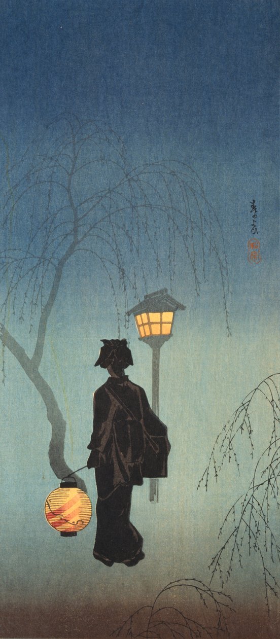Nő lámpással egy tavaszi estén (színes fatömbnyomat) alkotó: Shōtei Takahashi