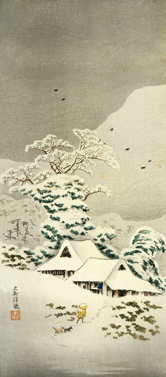 Havas jelenet Sawatariban a Joshu kerületben, 1930 körül, Takahashi Shotei (1871-1945), o-tanzaku alakú fametszet, 38,1 x 17,1 cm, japán civilizáció, Meiji-Showa időszak alkotó: Takahashi Shotei
