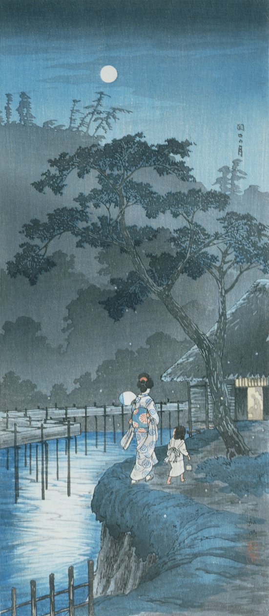 Nő, gyermek és hold (színes fatömb nyomat) alkotó: Takahashi  Hiroaki