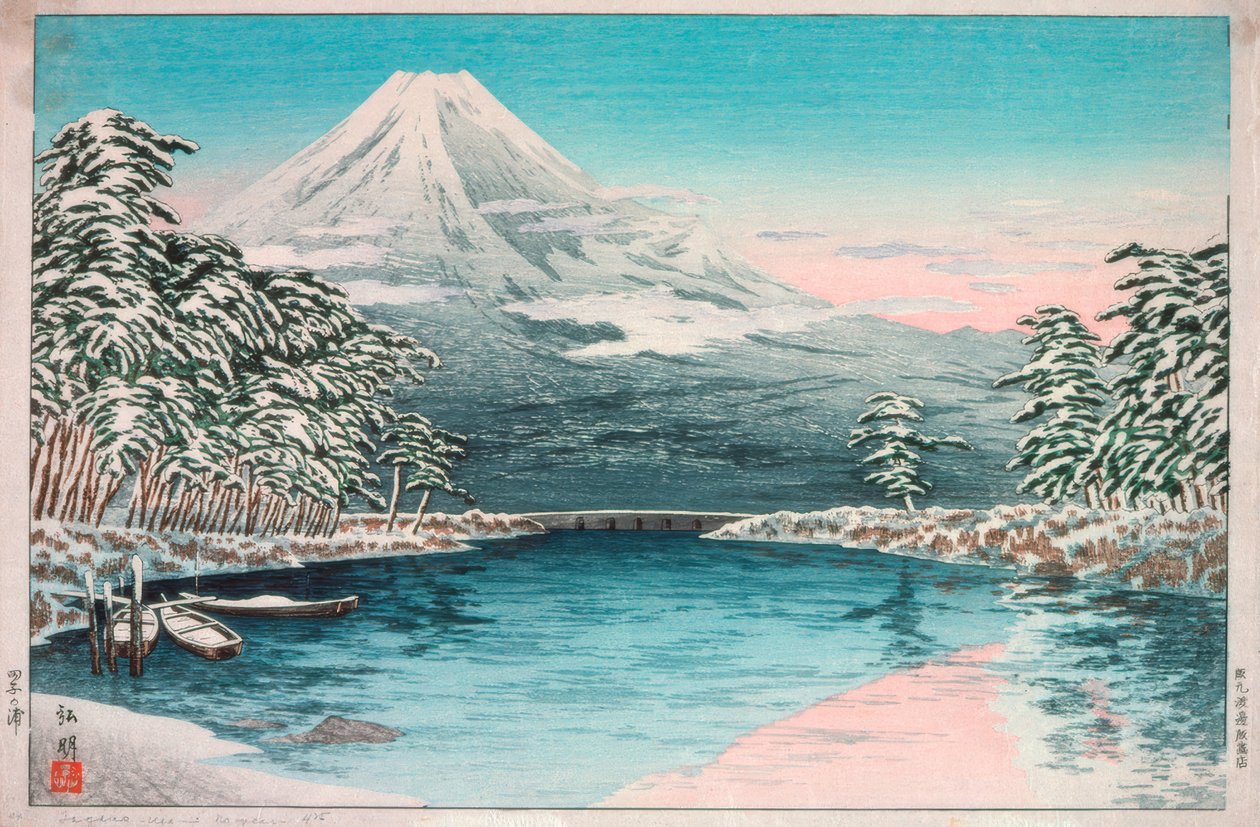 Fuji hegy Tagonoura felől nézve, havas táj alkotó: Takahashi Hiroaki