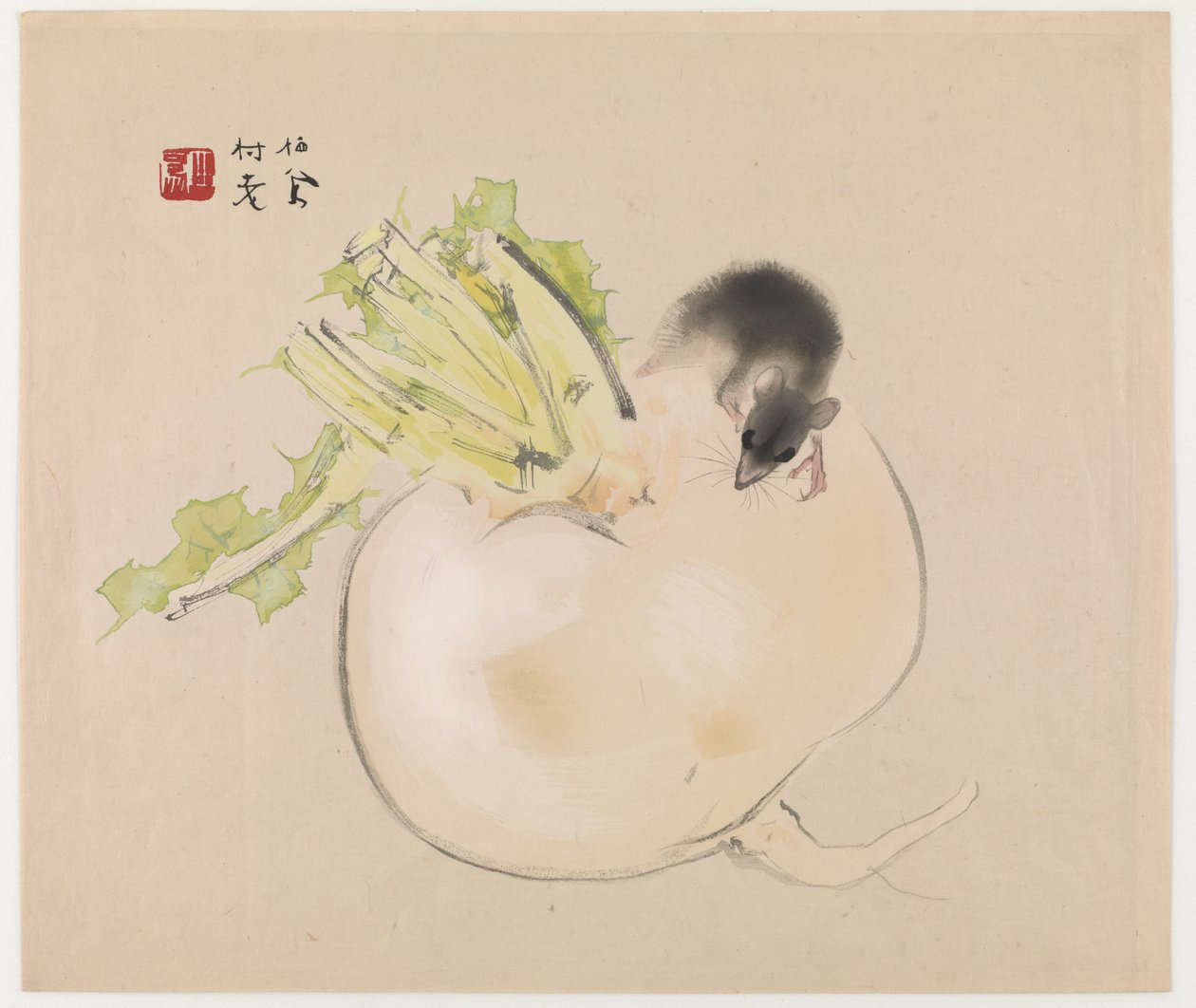 Fehér retek (Daikon) és Patkány (színes fanyomat) alkotó: Takeuchi Seiho