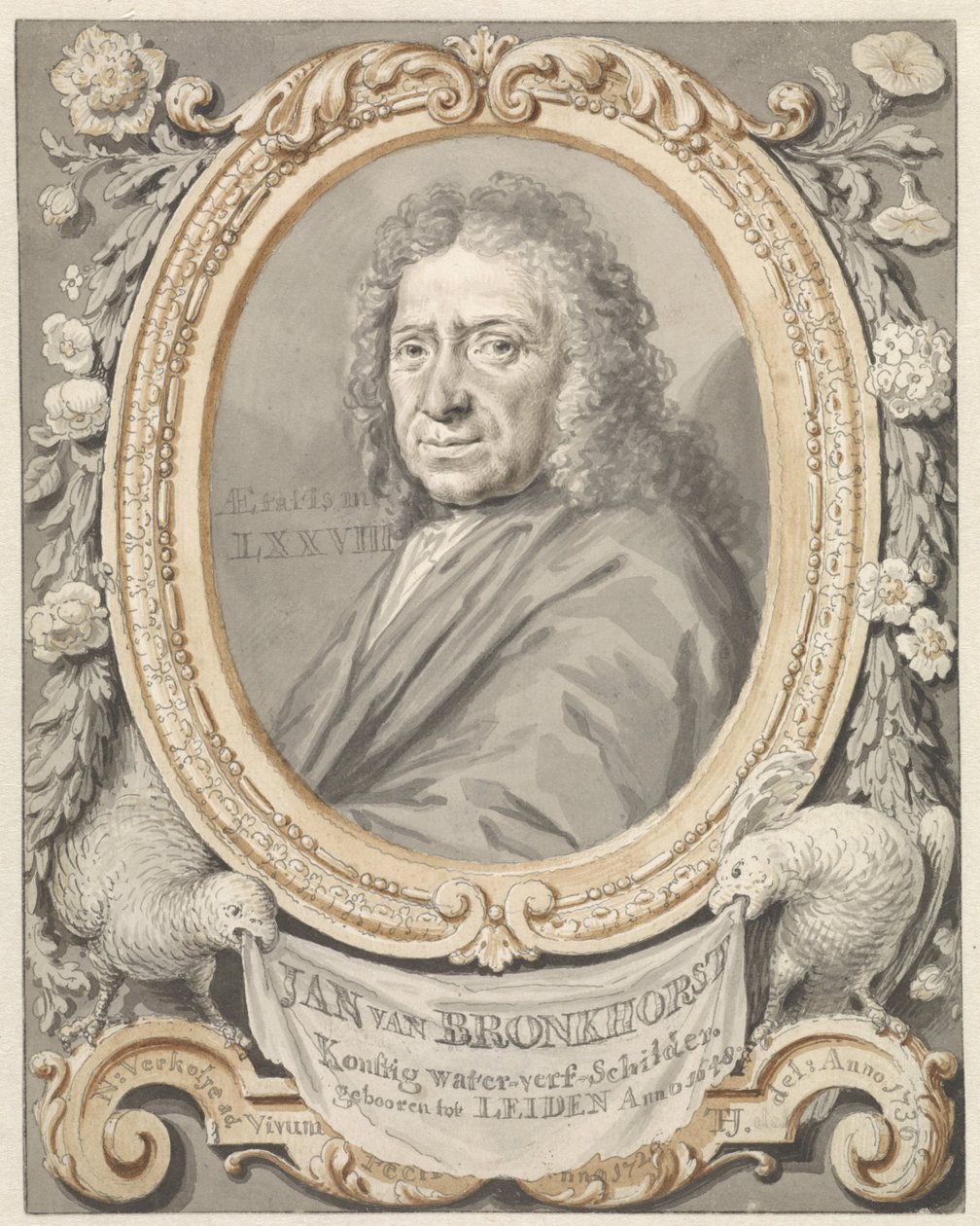 Johannes (Jan) van Bronkhorst portréja keretben virágokkal és két madárral alkotó: Tako Hajo Jelgersma
