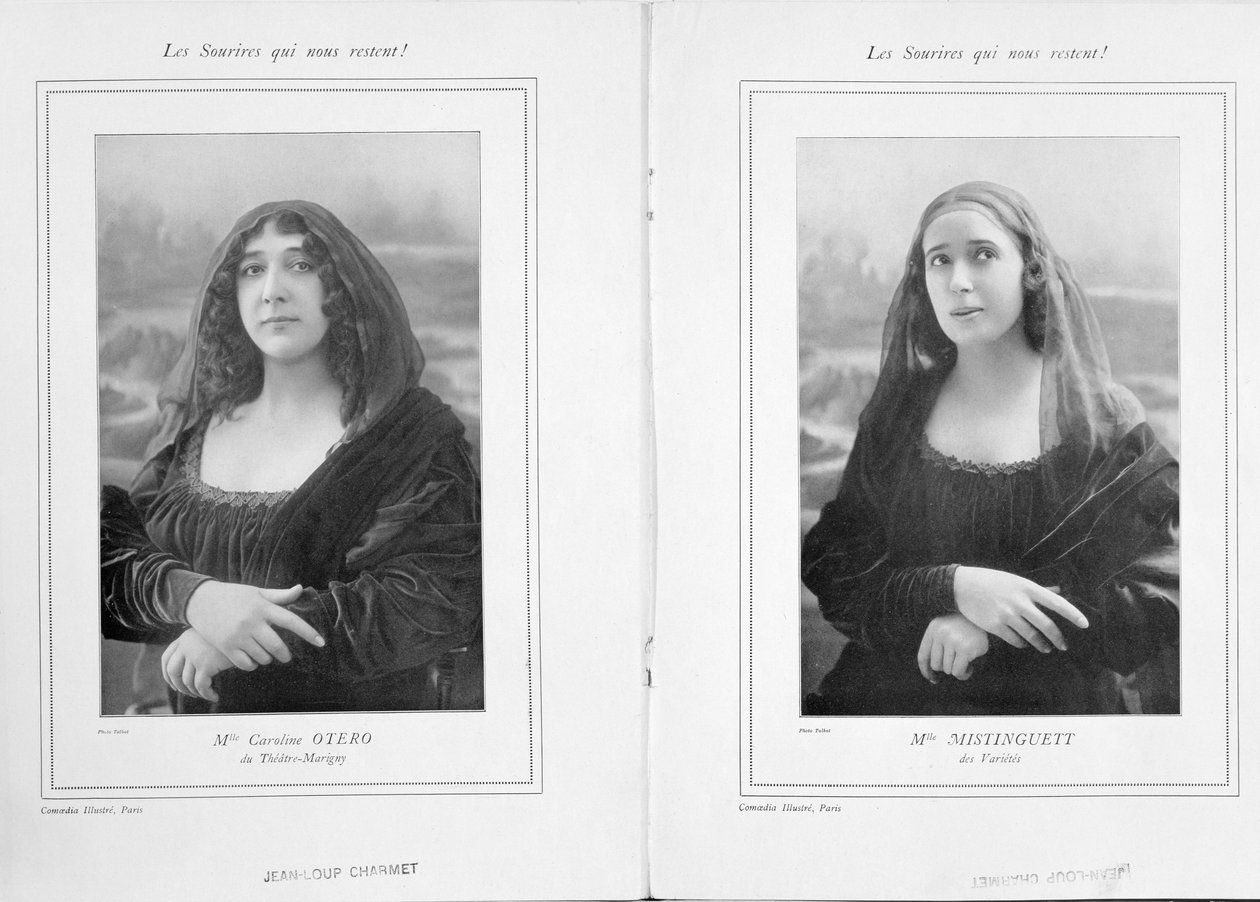 La Belle Otero és Mistinguett mint a Mona Lisa, a Les Sourires qui Nous Restent című cikkéből a Comoedia Illustre-ben, 1911 (bw photo) alkotó: Talbot
