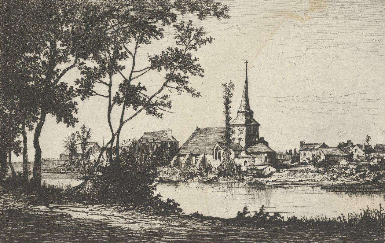 Város templommal a folyón túl, 19. század. alkotó: Tancrède Abraham