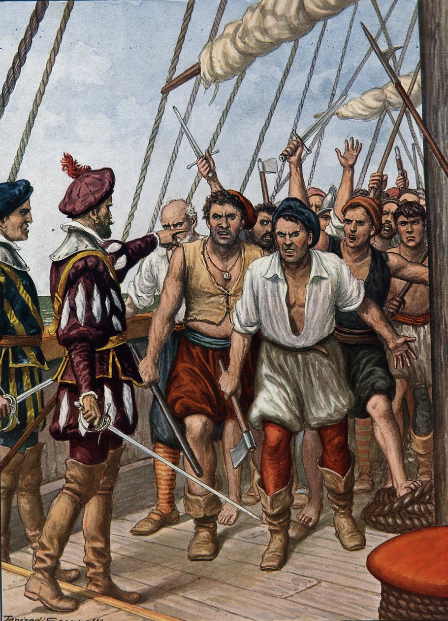 A portugál Flor de La Mar legénységének lázadása tábornokuk, Afonso de Alberquerque ellen 1511 körül, illusztráció a "Navigátorok története", 1936-ból alkotó: Tancredi Scarpelli