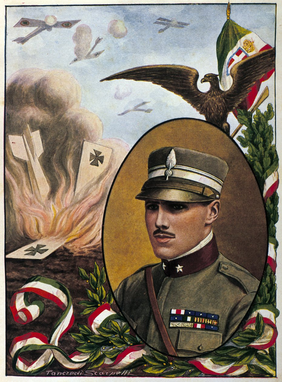 Allegória Francesco Baracca őrnagyról (1888-1918) az olasz légierő hőseiről, akik 1918-ban csatában haltak meg. Tancredi Scarpelli rajza. milánói . alkotó: Tancredi Scarpelli