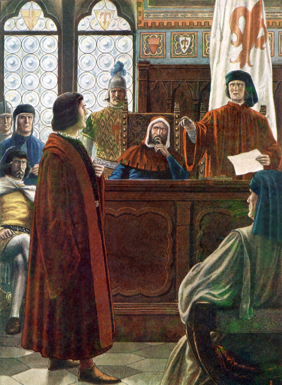 COSIMO DE MEDICI, Toszkána nagyhercege, itt ellenségei vádjaival szemben védekezik. alkotó: Tancredi Scarpelli