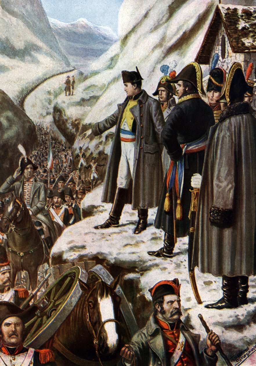Olaszország hadjárata: „Bonaparte Napóleon (1769-1821) francia hadserege Grand Saint Bernard (Grand Saint Bernard) átvonulásakor, május 20. alkotó: Tancredi Scarpelli