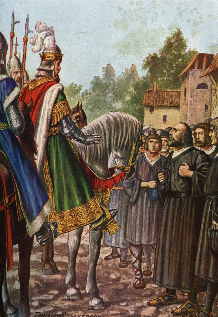 I. Barberossa Frigyes császár (1122-1190) második olaszországi útja során 1158-ban áthalad az Adda folyó mellett, és találkozik Lodi népével, akik könyörögnek neki, hogy szerezze vissza területét. Tancredi Scarpelli (1866-1937) a „Storia d