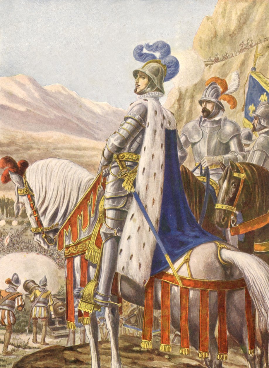 1. Francois I. francia király a marignani csatában 1515-ben, illusztráció, 30-as évek alkotó: Tancredi Scarpelli