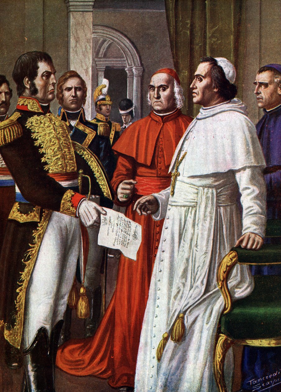 Pius pápa, a fontainebleau-i kastély fogolya, beleegyezett, hogy 1813. január 25-én aláírja a fontainebleau-i konkordátumot (1813), amellyel lemondott szellemi tekintélyének részét képező időbeli szuverenitásáról (VII. Piusz pápa Franciaországban korlátozv alkotó: Tancredi Scarpelli
