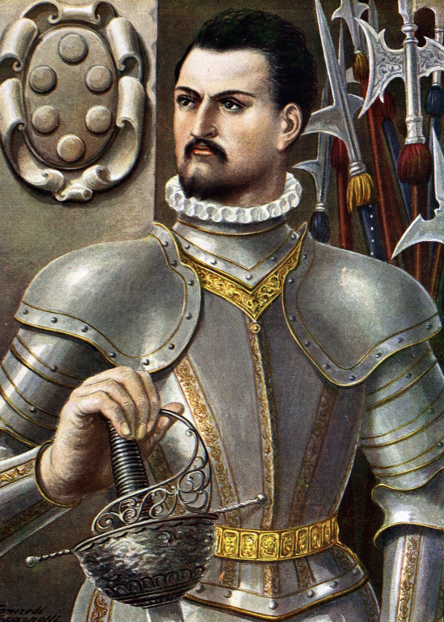 Jean de Medicis, Jean des Bands Noires (Giovanni dalle Bande Nere) portréja (1498-1526) Olasz condottiere Tancredi Scarpelli (1866-1937) illusztrációja Paolo Giudici "" Storia d