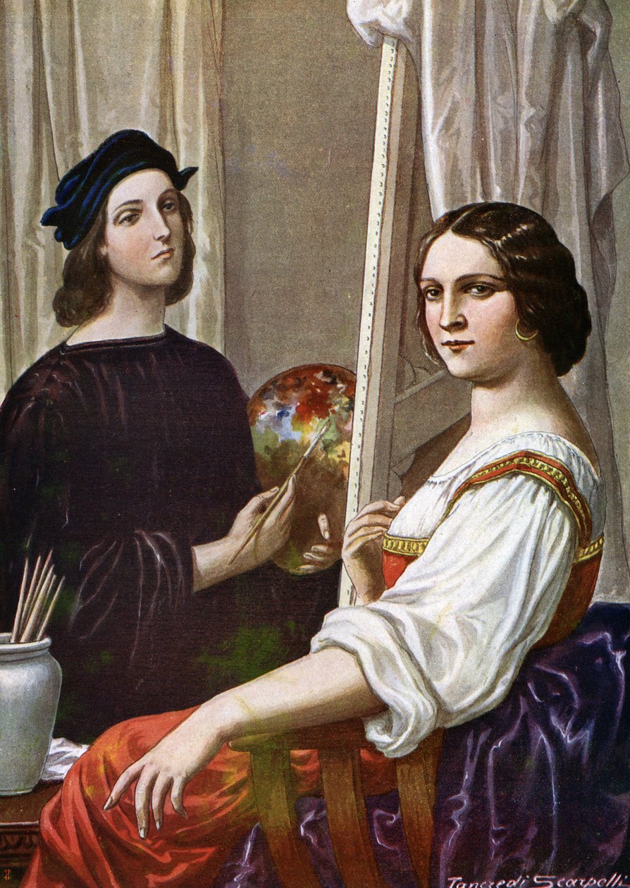 Raphael festő (Raffaello Sanzio 1483 - 1520) portréja a Fornarinát festve (Raphael olasz festő és a Fornarina nevű fiatal hölgy) Tancredi Scarpelli (1866-1937) illusztrációja a „Storia d