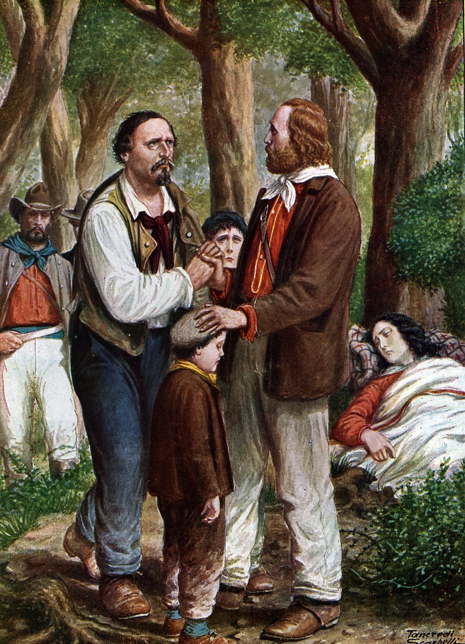 Risorgimento: Giuseppe Garibaldi olasz hazafi (1807-1882) congedie Angelo Brunetti dit Ciceruacchio a la mort d