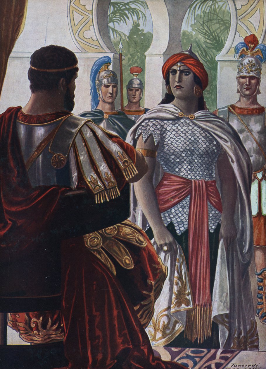 Római ókor: Palmyra császára Septimia Bathzabbai Zenobie, akit Aurelien római császár elfogott, 272” (A Palmyrene Birodalom királynője Zenobia, Aurelianus római császár foglya, i.sz. 272) Tancredi Scarpelli illusztrációja (1866-1937) alkotó: Tancredi Scarpelli