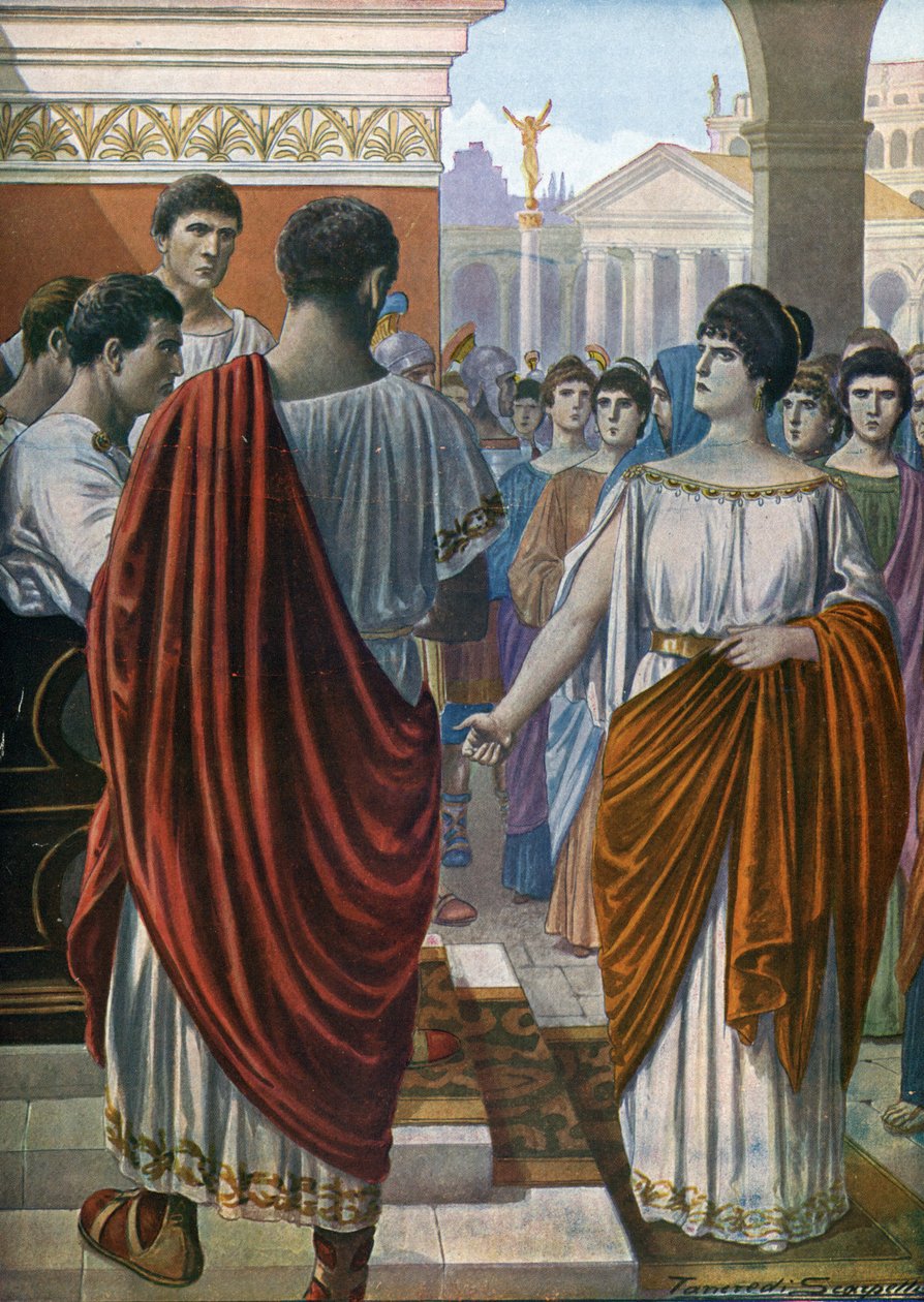 Római ókor, Hortenzia szóvivője a római matrónáknak, akiket különadó sújt, megvédik ügyüket a tiumvirek ellen Kr.e. 42-ben (Hortensia, az új adóval sújtott római matrónák vezetője, a triumviriek pártfogója, ie 42) Illusztráció: Tancre alkotó: Tancredi Scarpelli
