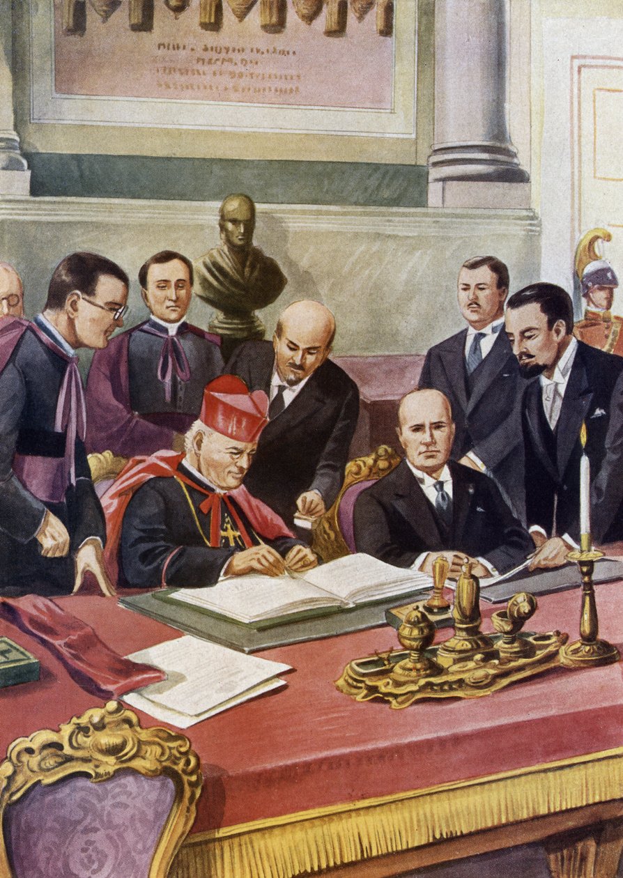 A lateráni egyezmények (Patti lateranensi) aláírása az olasz kormány (fasiszta) és a Szent Vatikán ostroma (St. Siege) között, amelyek garantálják a pápa szuverenitását a Vatikánban és hivatalossá teszik a katolikus vallást Olaszországban: Pietro bíboros alkotó: Tancredi Scarpelli