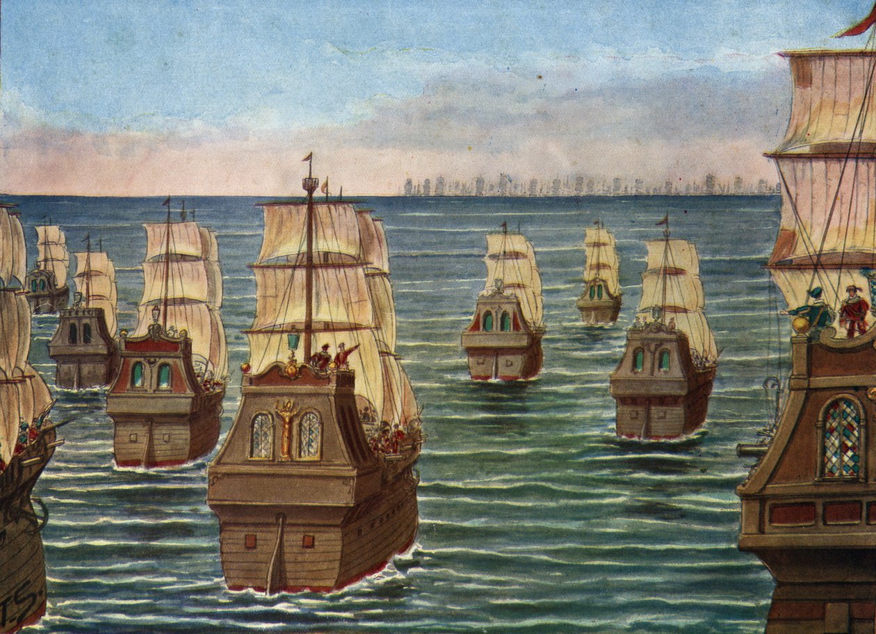 A cannanori csata 1506 márciusában zajlott le az indiai Cannanore kikötőjénél, a Calicut-i Samorin indiai flottája és egy portugál flotta között, Lourenco de Almeida, Almeida alkirály fia alatt) Tancredi Scarpelli illusztrációja a „ alkotó: Tancredi Scarpelli